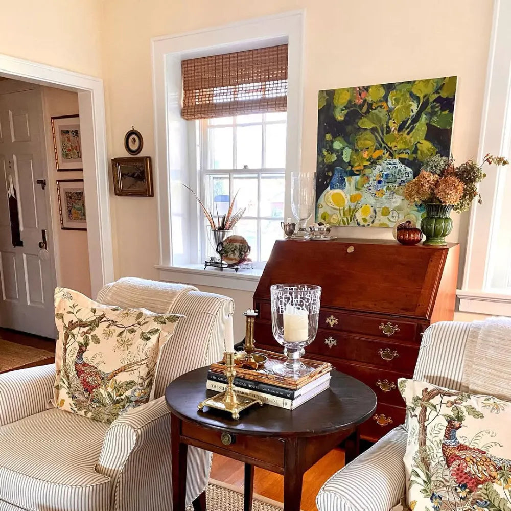 No-Drill Cordless Brown Bamboo Roman Shades in living room, creating a cozy, eco-friendly atmosphere