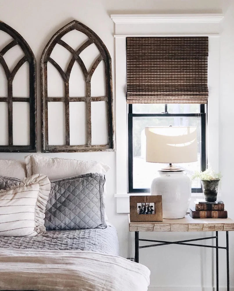 No-Drill Cordless Natural Bamboo Roman Shades in bedroom, allowing soft light to filter through while ensuring privacy