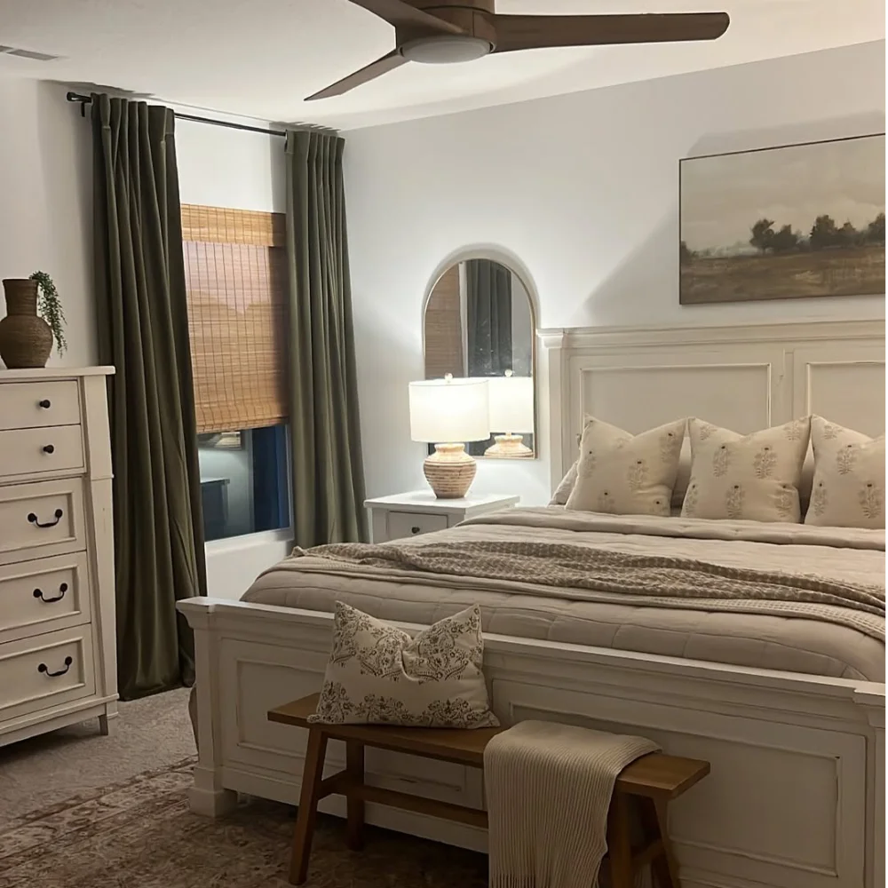 No-Drill Cordless Natural Bamboo Roman Shades in bedroom, providing a cozy atmosphere with light filtering