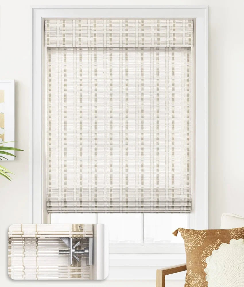 No-Drill Cordless white Bamboo Woven Roman Shades BA-001-1-N, eco-friendly bamboo material, easy installation for renters