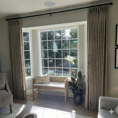 Custom Oak Dim Gray pinch pleat linen curtains with professional tailoring