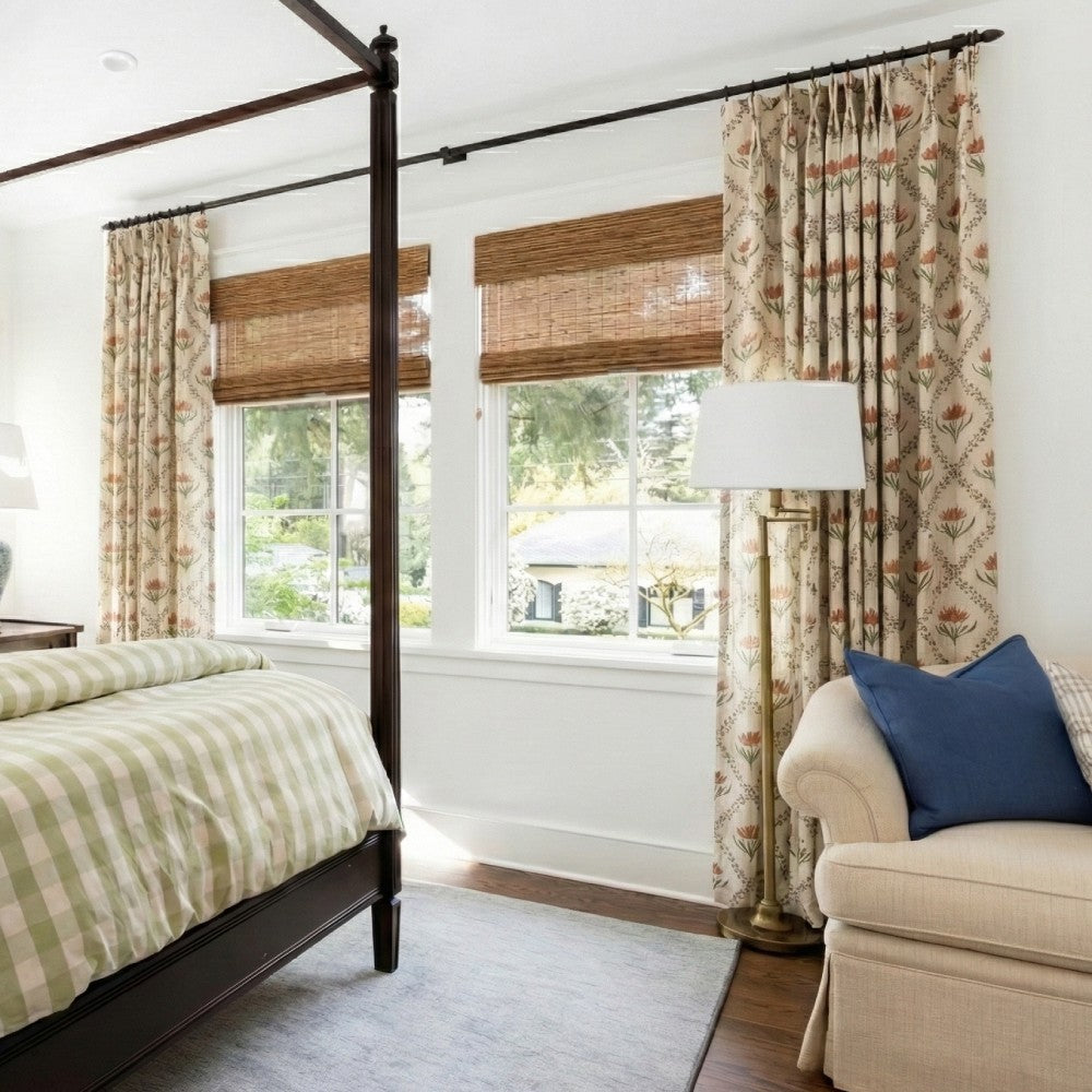 Romantic floral linen curtains in a cozy bedroom with soft morning light, reflecting a cottagecore aesthetic.