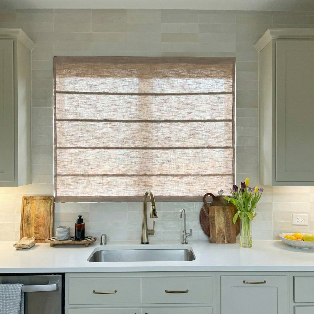 Rowan 30% Natural Linen Roman Shades | Motorized & Cordless Smart Lift