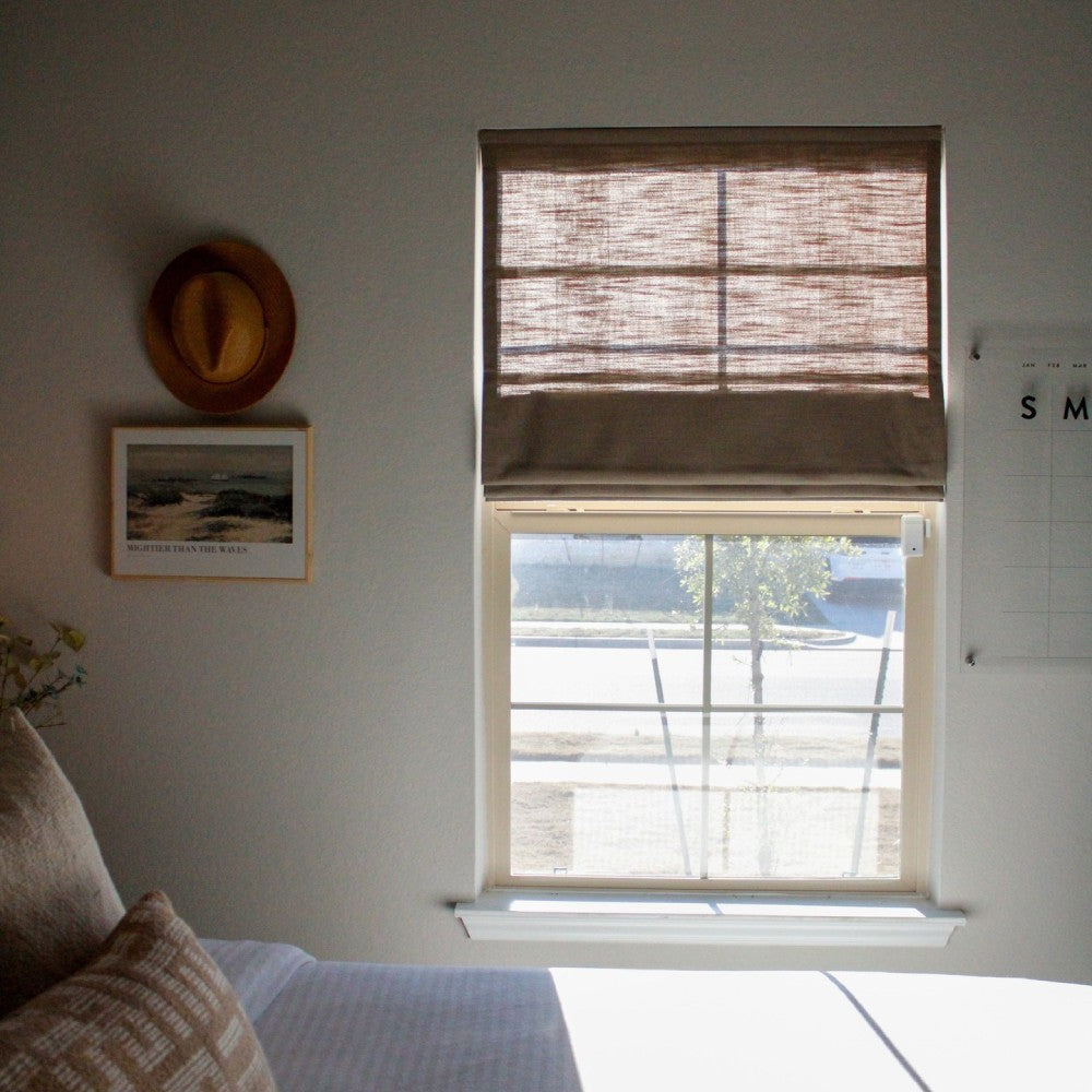 Rowan 30% Natural Linen Roman Shades | Motorized & Cordless Smart Lift